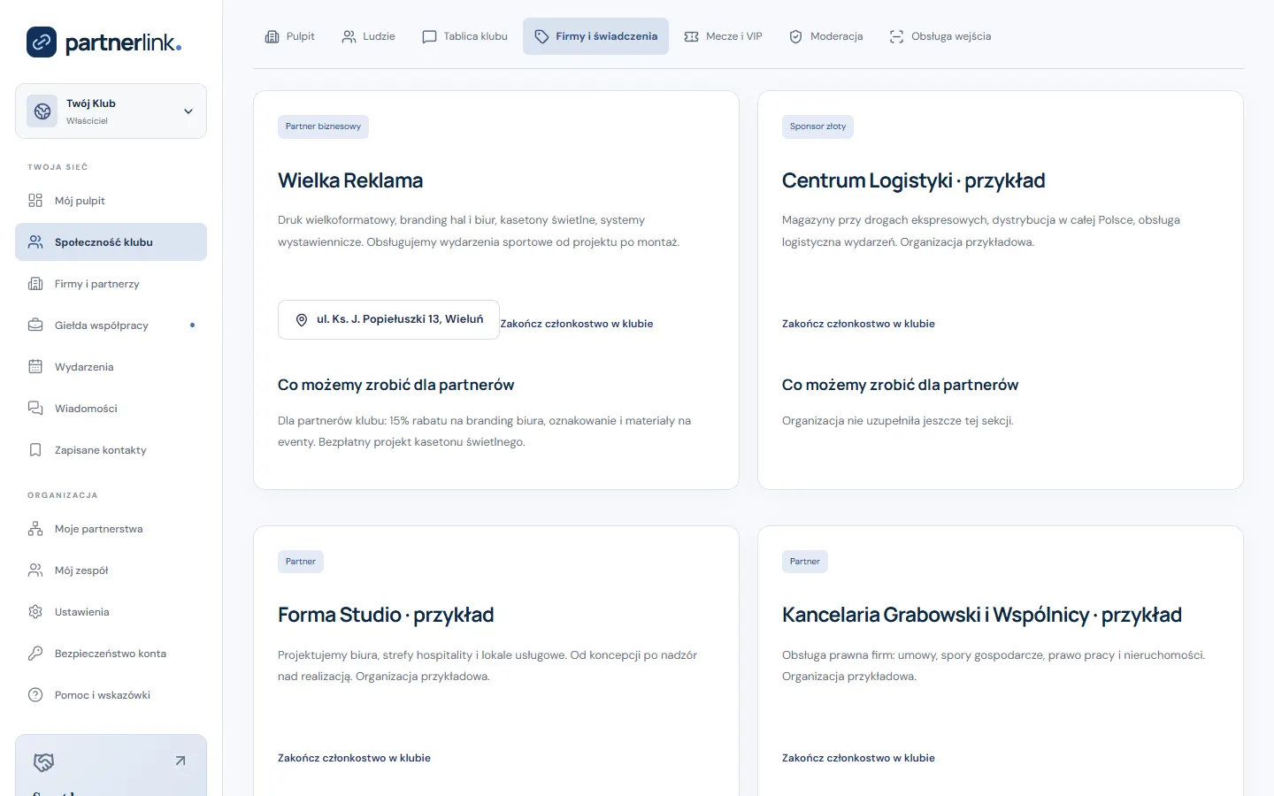 Partnerzy i poziomy współpracy — ekran PartnerLink