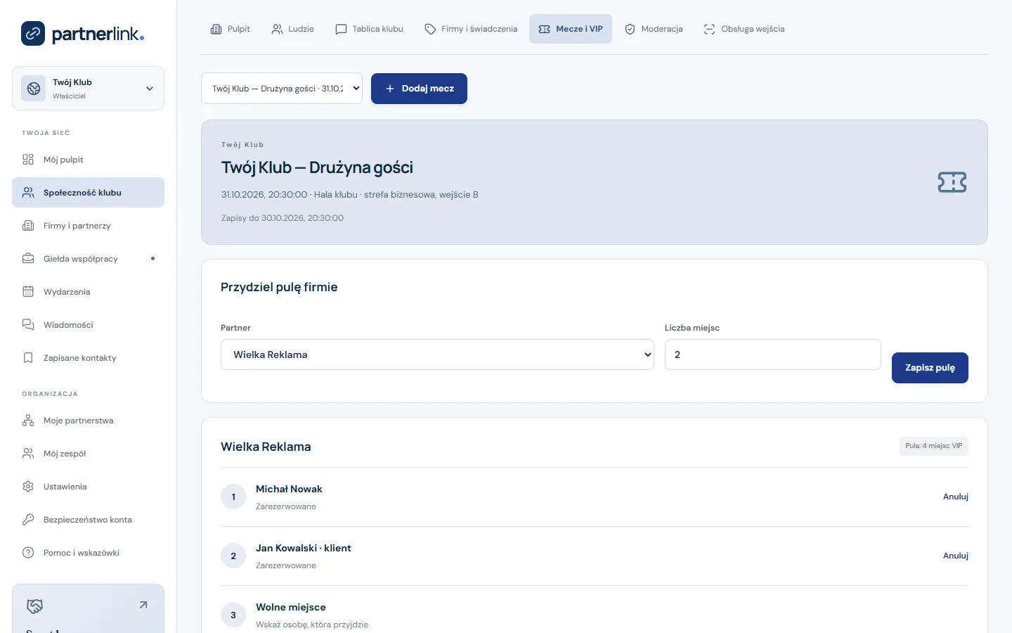 Przydział miejsc VIP na mecz — ekran PartnerLink