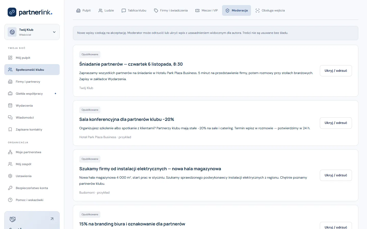 Moderacja wpisów — ekran PartnerLink
