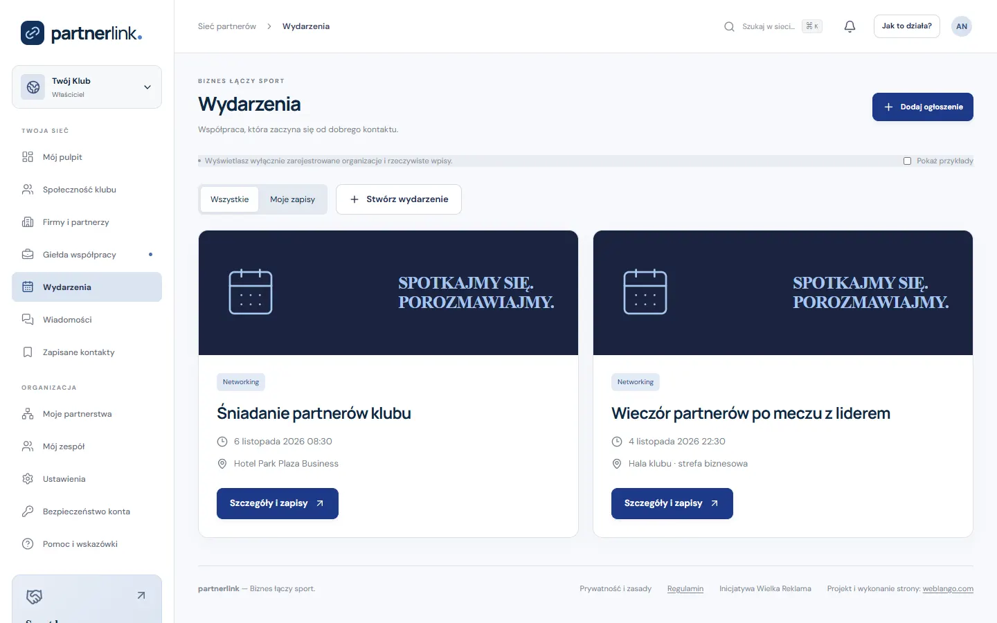 Wydarzenia dla partnerów — ekran PartnerLink