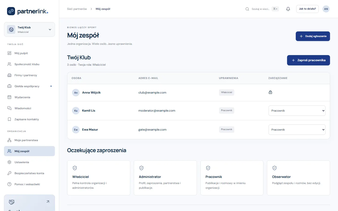 Zespół klubu i uprawnienia — ekran PartnerLink