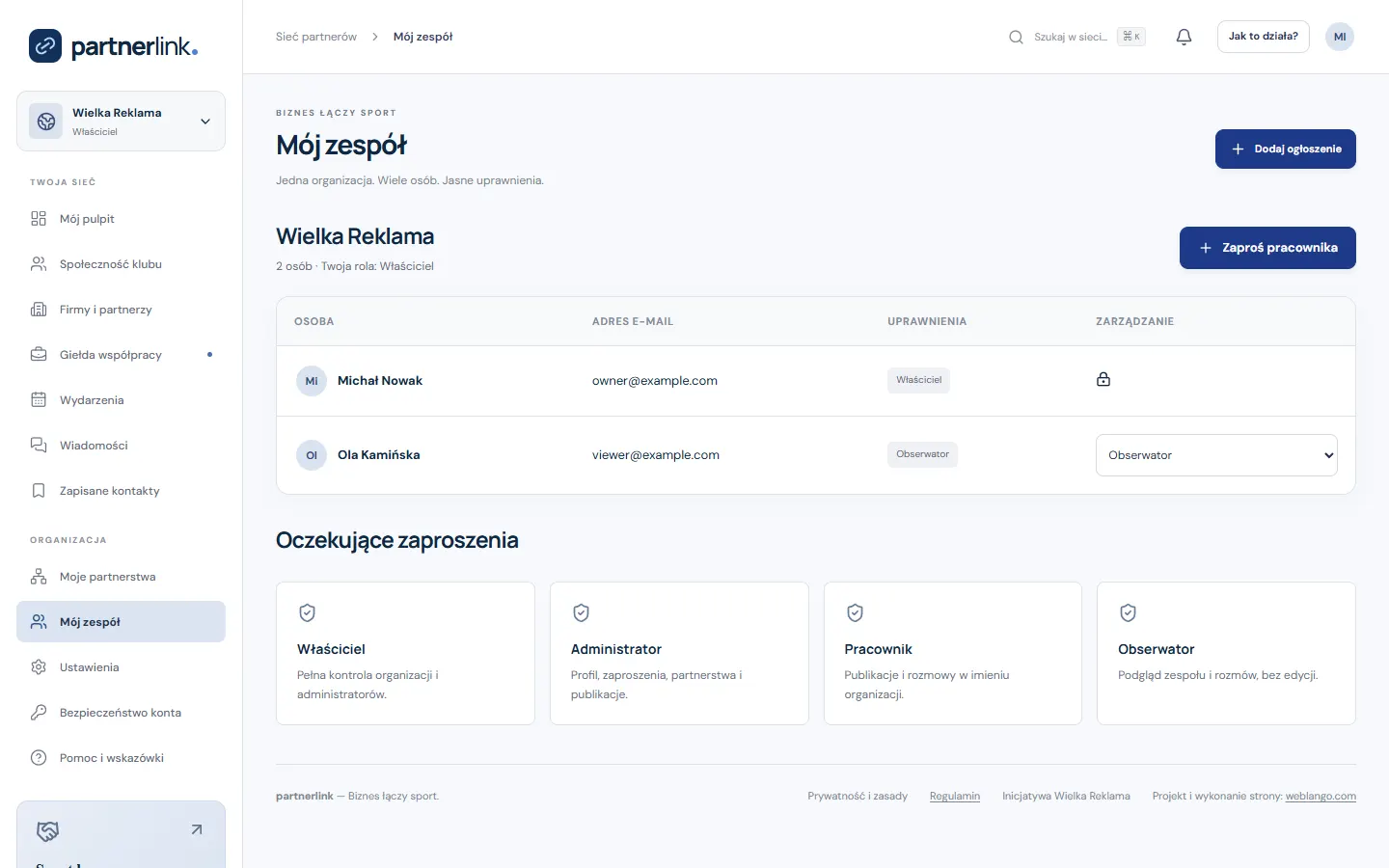 Zespół firmy — ekran PartnerLink